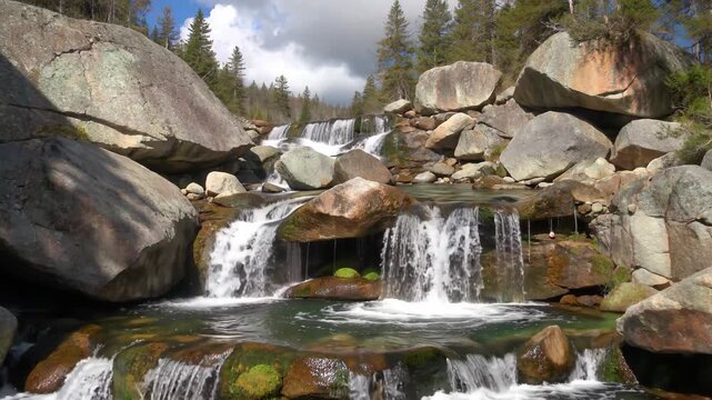 Small waterfalls flowing among the rocks in the mountains