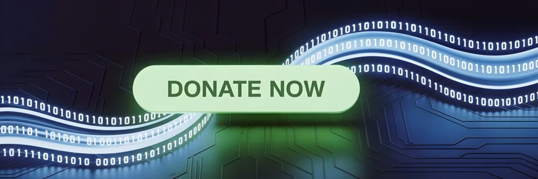 Glowing 'donate now' button with cascading binary light – High-tech concept for digital generosity, online funding, and data flow. - Powered by Adobe