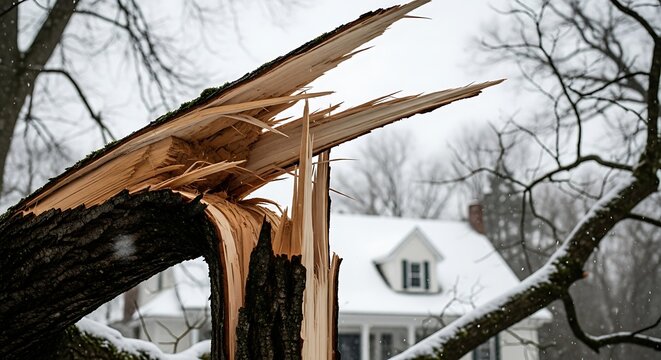 Broken tree branch in winter with snow covered house in background tree damage storm