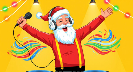 A cheerful cartoon Santa Claus wearing headphones and a hat sings into a microphone while DJing at a Christmas party.
