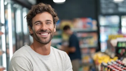 Radiant Smile in Grocery: A portrait of a man with a genuine smile and captivating gaze. Set within a grocery store, his expression evokes approachability and happiness.