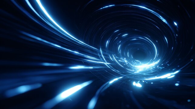 Futuristic glowing energy tunnel with bright blue light trails, dynamic sci-fi vortex design creating a sense of speed, motion and deep immersive technological space
