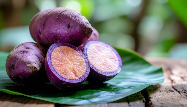 Purple sweet potatoes contrast beautifully on a green leaf with wooden textures. Ideal for food blogs, agricultural websites, or healthy eating promotions. - Powered by Adobe