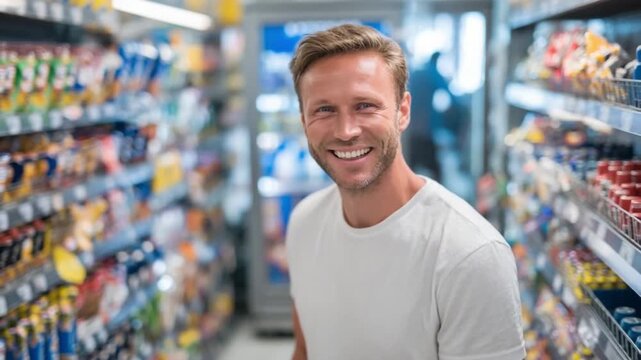 Grocery Shopping: A joyful man browses the aisles of a supermarket, radiating a welcoming smile. He navigates the supermarket shelves, which overflow with a cornucopia of products.