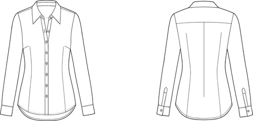 Women's Tailored Classic Button-Up Shirt Fitted Long Sleeve Collar Fashion Flats Technical Sketch Vector Illustration Front and Back View CAD Template