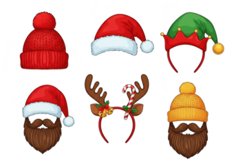 Set of festive holiday headwear and facial hair decorations, isolated on transparent background