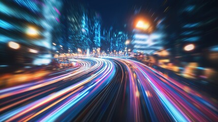 Abstract Light Trails Illustrating Project Management Concept, Faceless Business Professionals in Urban Environment, Bokeh City Lights