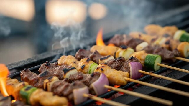 Grilled skewers with vegetables and meat on a charcoal grill