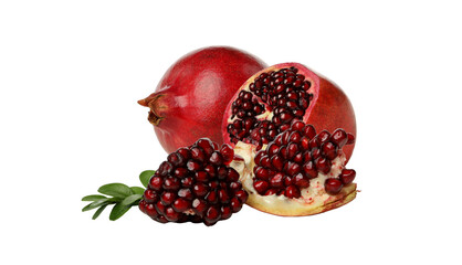 Ripe Pomegranates with Leaves and Open Seeds on Transparent Background - High-Detail Food Image....