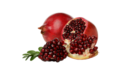 Ripe Pomegranates with Leaves and Open Seeds on Transparent Background - High-Detail Food Image. Ideal for food brands, product packaging, health and wellness content, and editorial use.