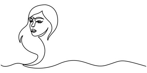 Woman face continuous one line drawing, minimalist style isolated outline illustration. 