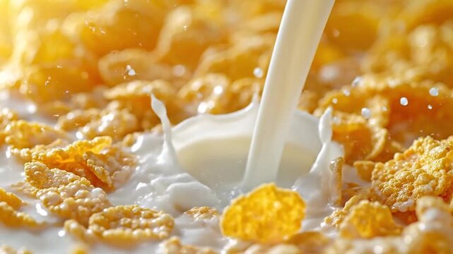 Milk Pouring Over Crunchy Cornflakes Breakfast Cereal