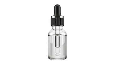 Clear serum in a glass bottle with a black dropper for beauty and wellness product promotion and pharmaceutical advertising on transparent background
