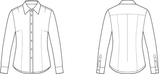Women's technical fashion drawing of a classic tailored long-sleeve button-front shirt with a pointed collar, vector flat sketch for apparel design, front and back view
