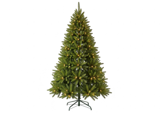 Green christmas tree with lights isolated on transparent background