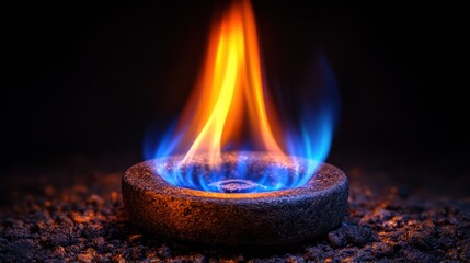 Close-up of a stone burner with vibrant flame
