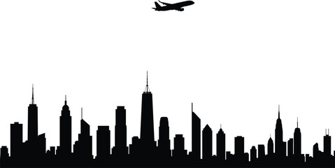 Naklejka premium Black city skyline silhouette with airplane flying above, modern urban buildings vector, travel concept, architecture landscape, isolated city illustration