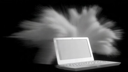 Digital Cloud of Data: A modern laptop computer is at the heart of a conceptual display. The image depicts digital cloud of data. This illustrates the concepts of technology, data storage. - Powered by Adobe