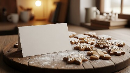 Blank Greeting Card Mockup with Festive Gingerbread Cookies on a Rustic Wooden Board