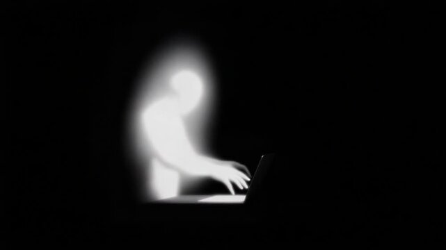 Digital Essence: A spectral figure engrossed in the glow of a laptop, encapsulating the solitude of digital immersion and the intangible presence within the virtual realm.