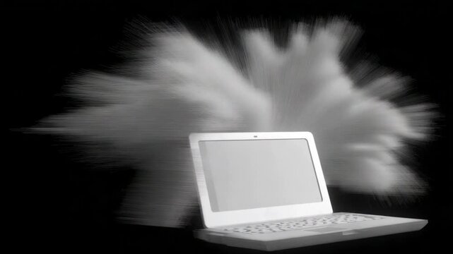 Digital Cloud of Data: A modern laptop computer is at the heart of a conceptual display. The image depicts digital cloud of data. This illustrates the concepts of technology, data storage. - Powered by Adobe