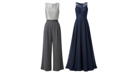Elegant womens jumpsuit and navy blue formal gown isolated on transparent background