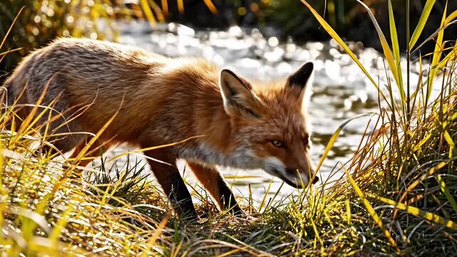 A beautiful wild red fox diligently sniffing and foraging for food in tall golden grass near a shimmering river or stream illuminated by warm natural sunlight