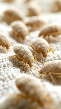 Macro closeup of bedbugs on white woven fabric surface, showcasing insect pests and potential infestation in indoor environments, hygiene implications