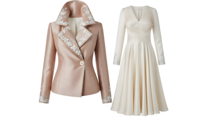 Elegant womens rose gold blazer and cream dress, isolated on transparent background