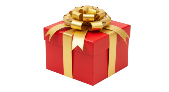 Red gift box with golden ribbon isolated on transparent background