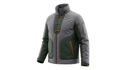 Grey and green mens jacket with unique design, isolated on transparent background