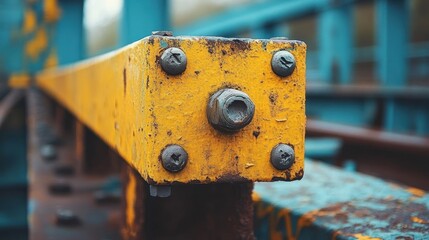 Close-up of a yellow metal bracket, bolted to a blue metal structure