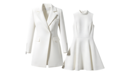 White blazer and sleeveless dress, elegant fashion set isolated on transparent background