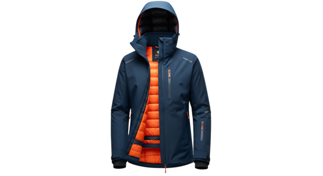 Blue and orange winter jacket with hood, isolated on transparent background - Powered by Adobe
