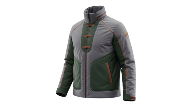 Grey and green mens jacket with unique design, isolated on transparent background - Powered by Adobe