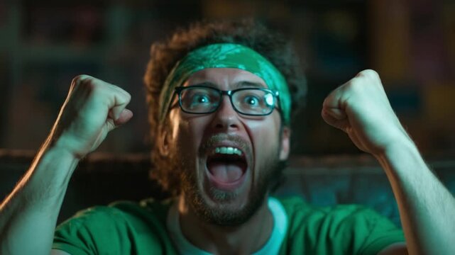 Excited Spectator: A sports fan, consumed by the game's intensity, expresses unbridled passion with a fervent cheer and clenched fists, his eyes glued to the action. 
