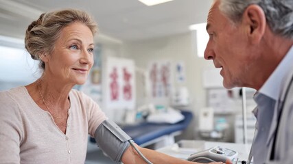 Senior couple measuring blood pressure at doctor office. Elderly pair checking health in medical clinic. Mature retirees monitoring hypertension together indoors. Active citizens getting checkup.