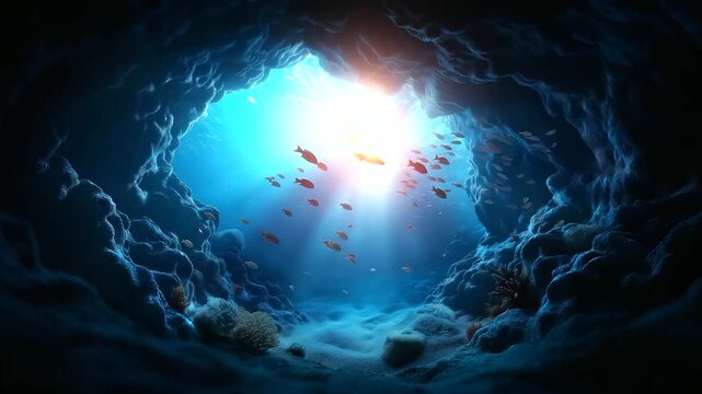 Underwater cave entrance with fish silhouettes against bright exit, contrasty blue glow, adventurous dive scene, with copy space