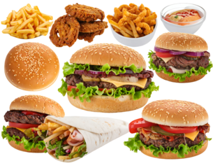 A variety of fast food items including burgers, fries, chicken nuggets, onion rings, and condiments displayed together