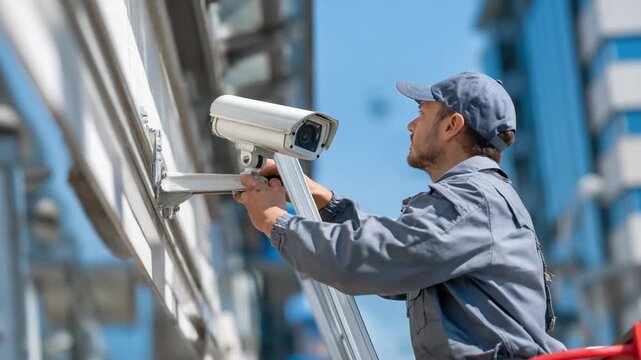Installing Security Camera: A skilled technician, focused and dedicated, meticulously installs a surveillance camera, symbolizing modern security and safety in a dynamic urban setting.