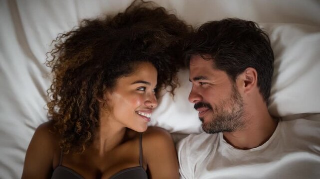 Serene Intimacy: A couple gazes at each other with tender affection in a cozy bedroom setting, embracing a moment of pure connection.