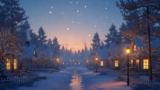 Idyllic snowy village street lined with festive lights and cozy houses at dusk, creating a serene winter wonderland atmosphere with falling snowflakes.