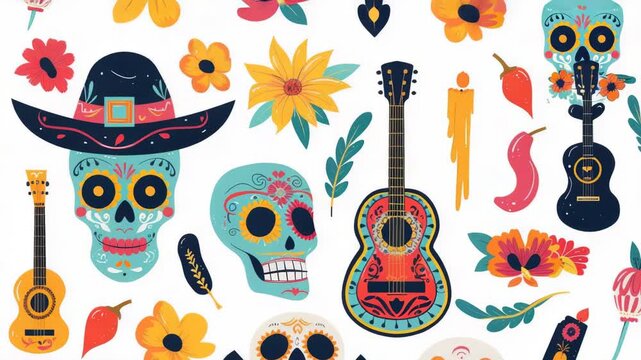 Video A collection of colorful sugar skulls accompanied by guitars, perfect for cultural or festive themed