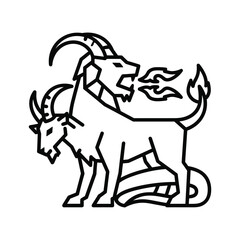 Mythical creature line art with goat and lion heads breathing fire