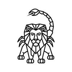 Geometric line art lion scorpion hybrid creature isolated on white