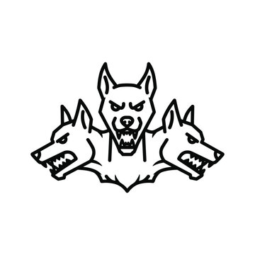 Threeheaded dog cerberus line art illustration isolated on