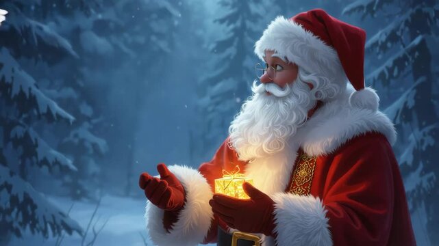 Santa Claus and a snowy owl share a magical moment with a glowing gift in a serene winter wonderland for enchanting Christmas concept