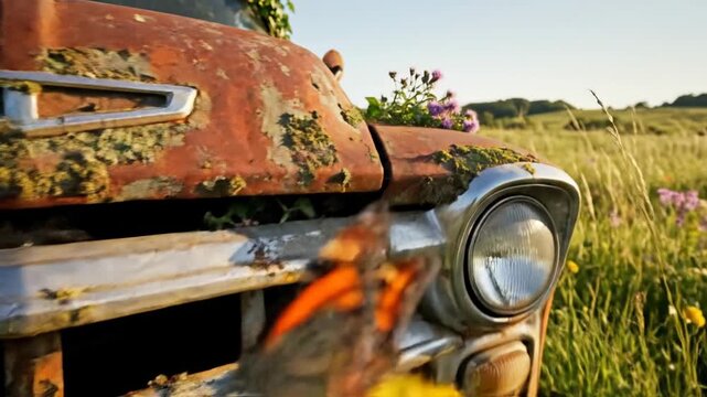 Abandoned vintage automobile overgrown with greenery in rural landscape at sunset