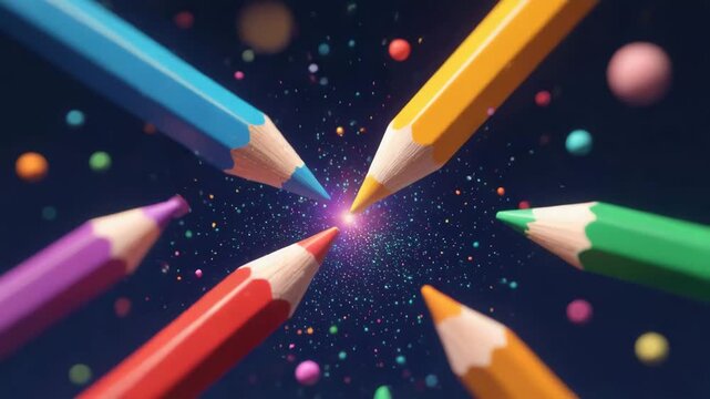 Vibrant colored pencils converging at a bright glowing central spark against a dark, cosmic background for creative collaboration concept and innovative idea generation