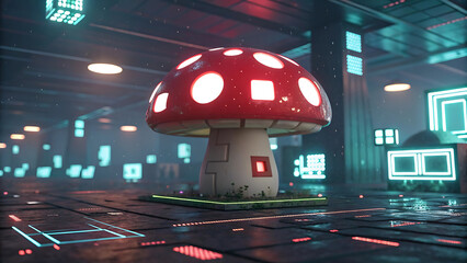 “Futuristic Glowing Mushroom in Sci-Fi Cyber City – Neon Digital Fantasy Artwork”